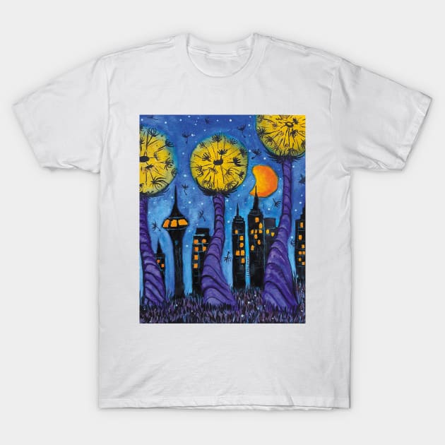 Night city with skyscrapers in the style of a dandelion world T-Shirt by DorianFox